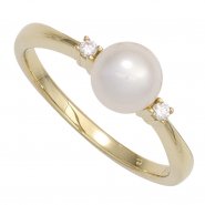 JOBO Damen Ring 585 Gold Gelbgold 1 S��wasser Perle 2 Diamanten Brillanten Perlenring