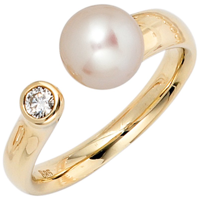 JOBO Damen Ring 585 Gold Gelbgold 1 Süßwasser Perle 1 Diamant Brillant  Perlenring