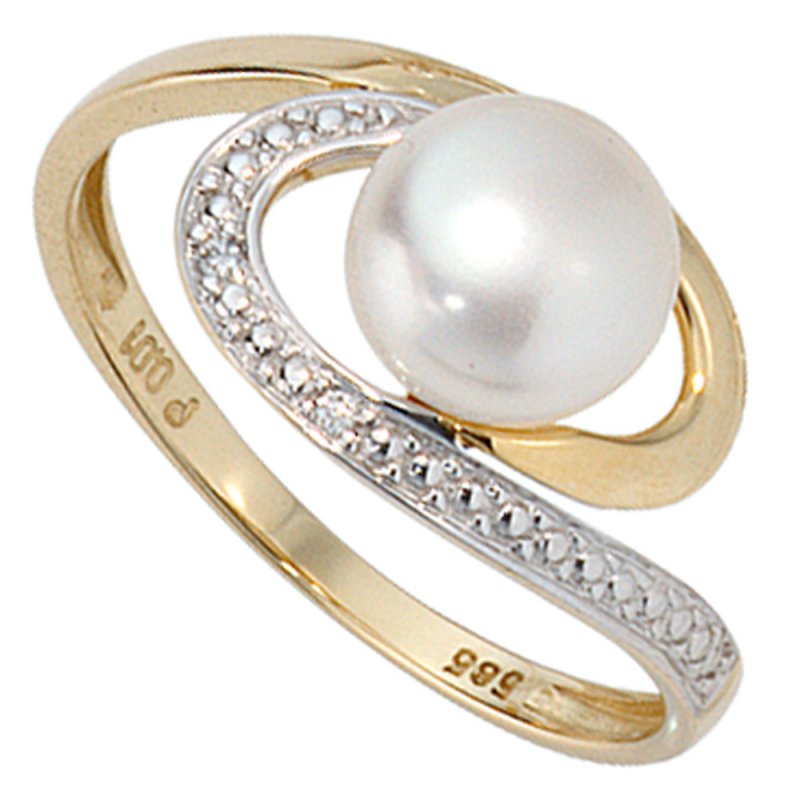 JOBO Damen Ring 585 Gold Gelbgold 1 S��wasser Perle 2 Diamanten Brillanten Perlenring