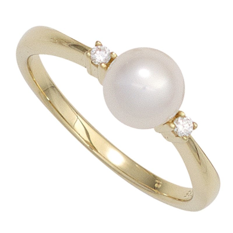 JOBO Damen Ring 585 Gold Gelbgold 1 S��wasser Perle 2 Diamanten Brillanten Perlenring