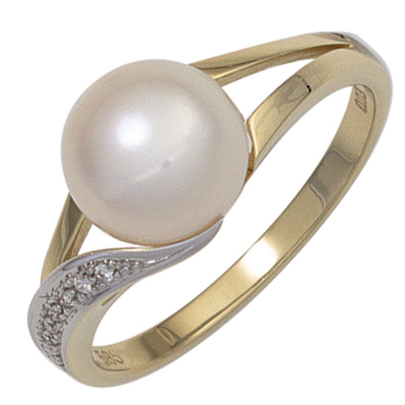 JOBO Damen Ring 585 Gold Gelbgold 1 S��wasser Perle 6 Diamanten Brillanten Perlenring