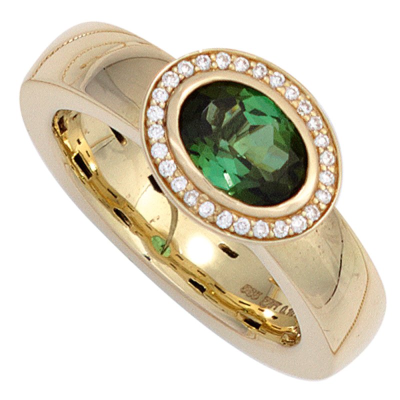 JOBO Damen Ring 585 Gold Gelbgold 1 Turmalin gr�n 28 Diamanten Brillanten Goldring