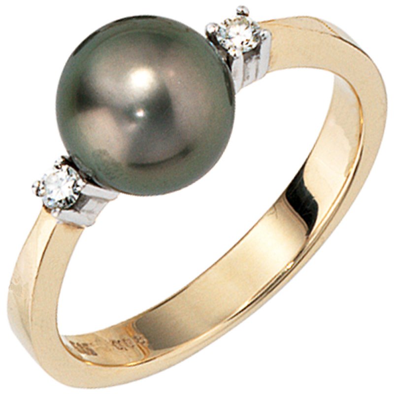 JOBO Damen Ring 585 Gold Gelbgold 2 Diamanten Brillanten 1 Tahiti Perle Perlenring