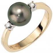 JOBO Damen Ring 585 Gold Gelbgold 2 Diamanten Brillanten 1 Tahiti Perle Perlenring