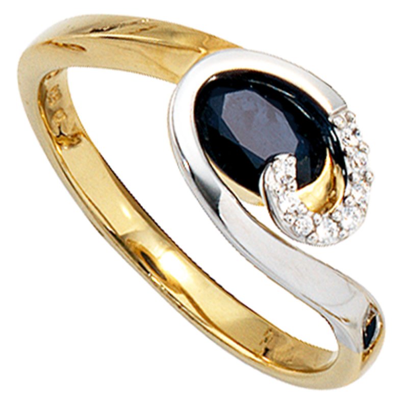 JOBO Damen Ring 585 Gold Gelbgold Wei�gold 1 Saphir blau 8 Diamanten Brillanten