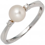 JOBO Damen Ring 585 Gold Wei�gold 1 S��wasser Perle 2 Diamanten Brillanten Perlenring