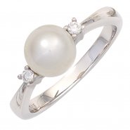 JOBO Damen Ring 585 Gold Wei�gold 1 S��wasser Perle 2 Diamanten Brillanten Perlenring