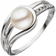 JOBO Damen Ring 585 Gold Wei�gold 1 S��wasser Perle 5 Diamanten Brillanten Goldring