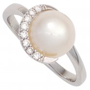 JOBO Damen Ring 585 Gold Wei�gold 1 S��wasser Perle 8 Diamanten Brillanten Goldring