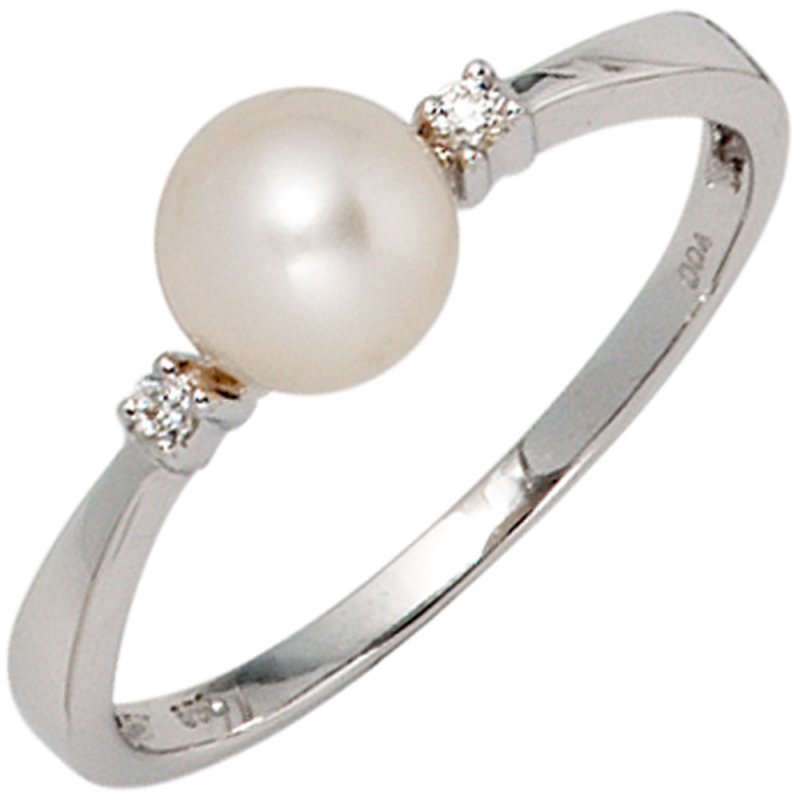 JOBO Damen Ring 585 Gold Wei�gold 1 S��wasser Perle 2 Diamanten Brillanten Perlenring