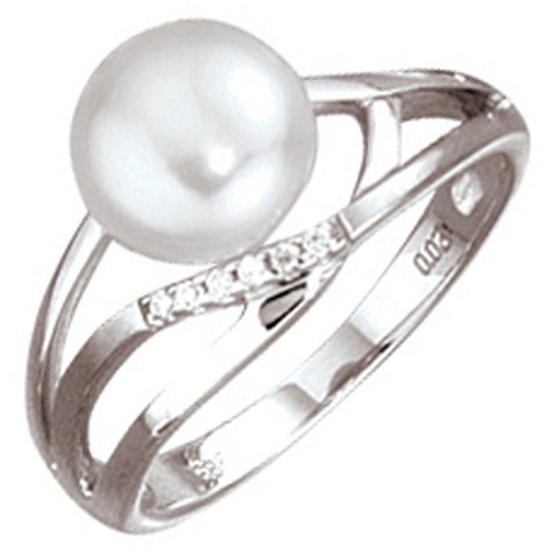 JOBO Damen Ring 585 Gold Wei�gold 1 S��wasser Perle 6 Diamanten Brillanten Goldring