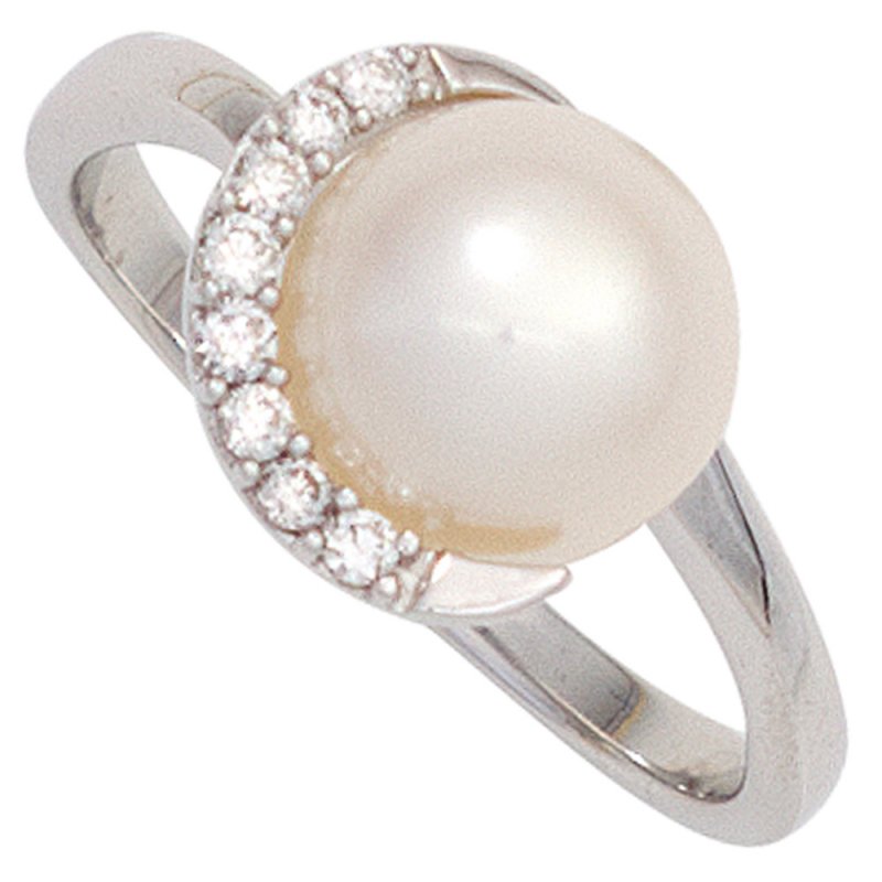 JOBO Damen Ring 585 Gold Wei�gold 1 S��wasser Perle 8 Diamanten Brillanten Goldring