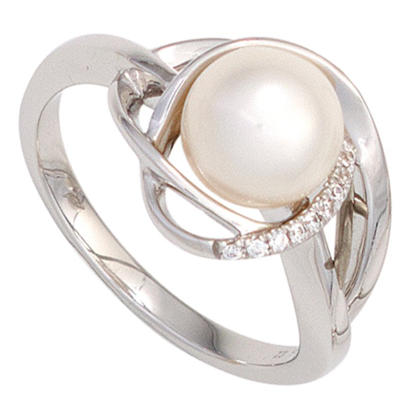 JOBO Damen Ring 585 Gold Wei�gold 1 S��wasser Perle 9 Diamanten Brillanten Goldring