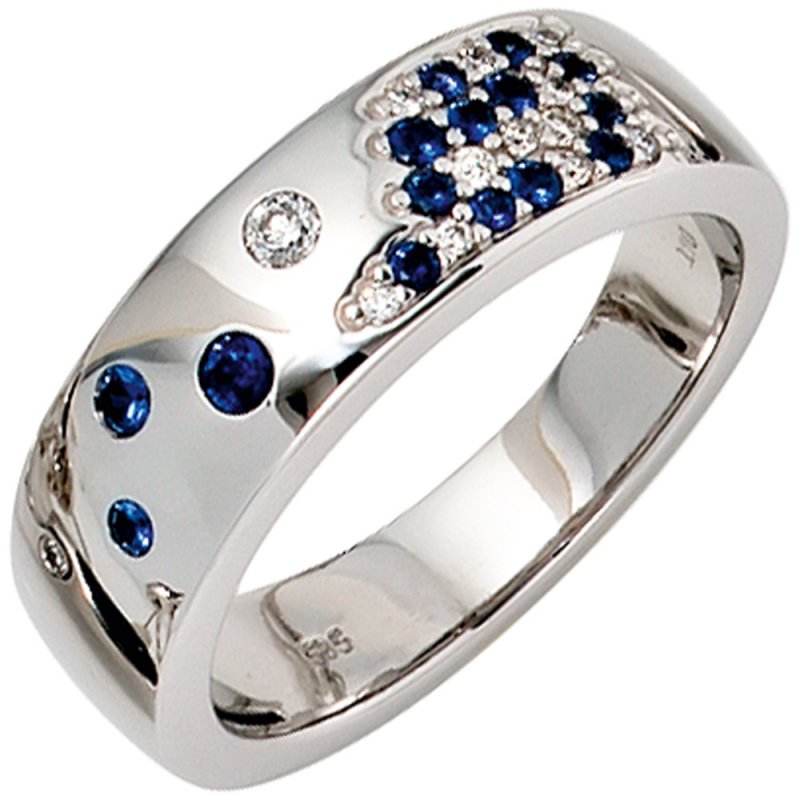 JOBO Damen Ring 585 Gold Wei�gold 13 Diamanten Brillanten 0,10ct. 15 Saphire blau