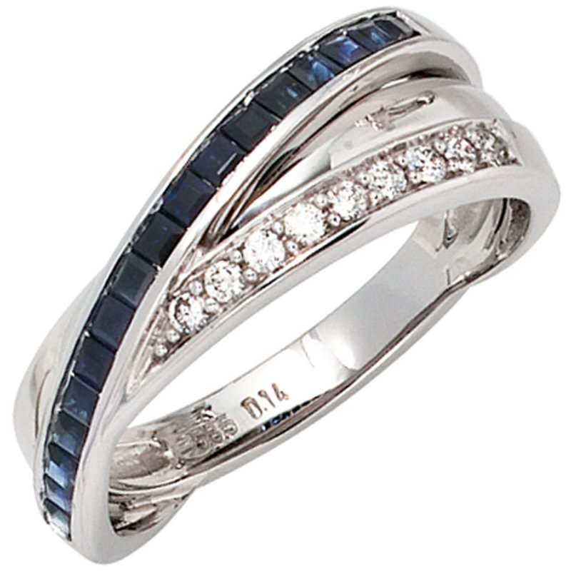 JOBO Damen Ring 585 Gold Wei�gold 9 Diamanten Brillanten 0,14ct. 16 Saphire blau
