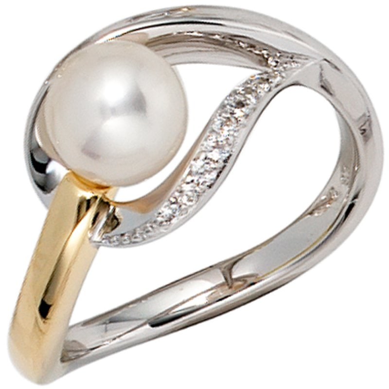 JOBO Damen Ring 585 Gold Wei�gold Gelbgold bicolor 1 S��wasser Perle 9 Diamanten