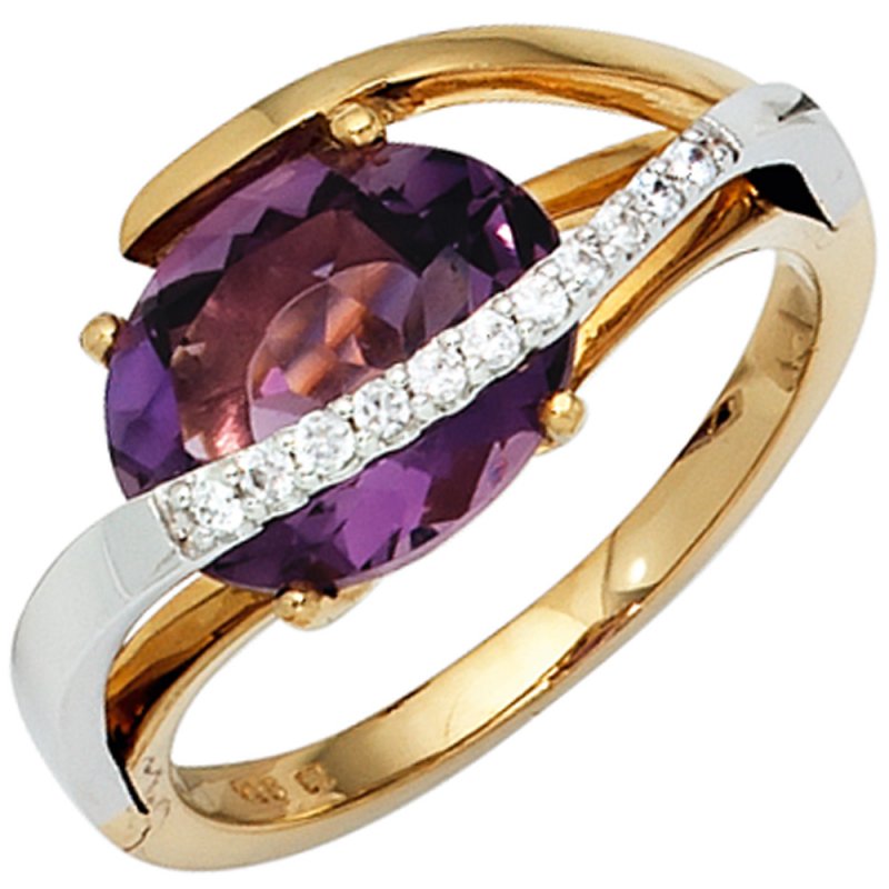 JOBO Damen Ring 585 Gold bicolor 11 Diamanten Brillanten 1 Amethyst lila violett