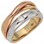 JOBO Damen Ring 585 Gold dreifarbig tricolor 1 Diamant Brillant 0,15ct. Goldring