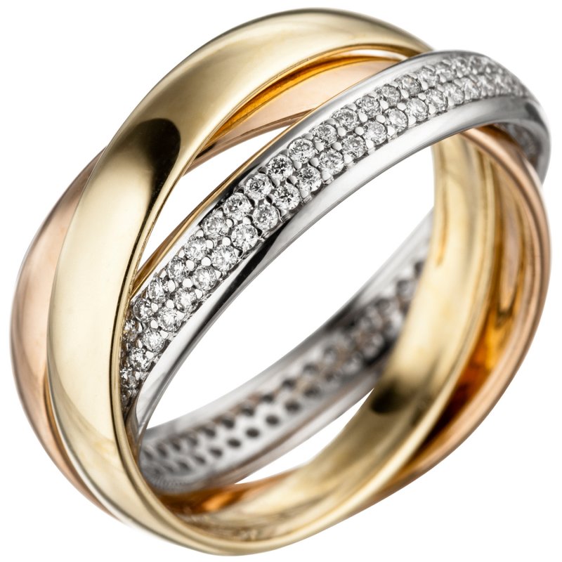 JOBO Damen Ring 585 Gold tricolor dreifarbig 122 Diamanten Brillanten  Goldring | Ohrhänger