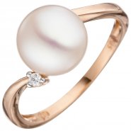JOBO Damen Ring 585 Rotgold 1 S��wasser Perle 1 Diamant Brillant Perlenring