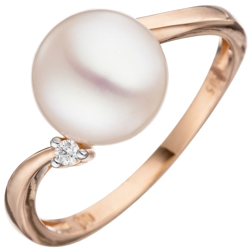 JOBO Damen Ring 585 Rotgold 1 S��wasser Perle 1 Diamant Brillant Perlenring