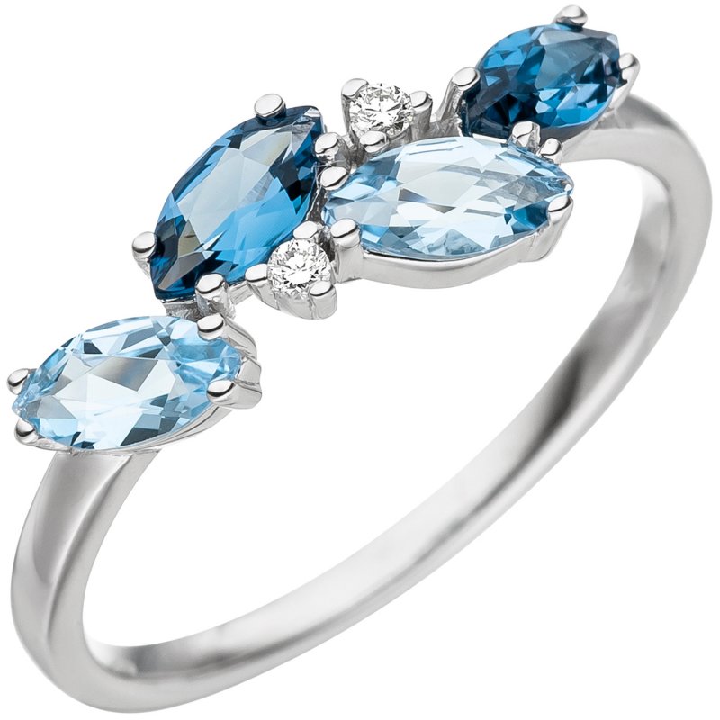 2 Damen 4 hellblau Diamanten 585 JOBO Brillanten Ring Weißgold Blautopase blau