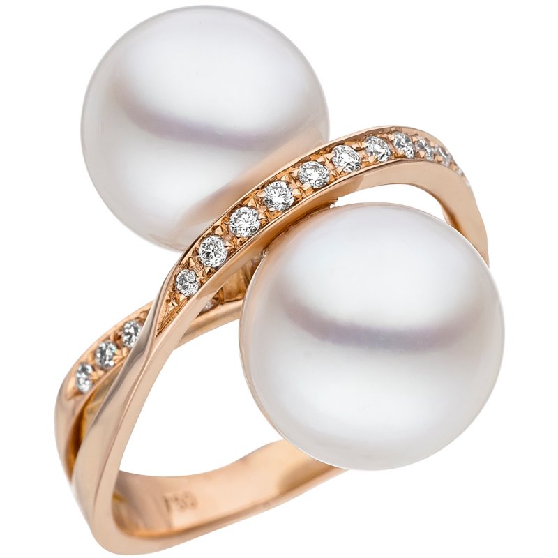 JOBO Damen Ring 750 Rotgold 24 Diamanten Brillanten 2 S�dee Perlen wei� Perlenring