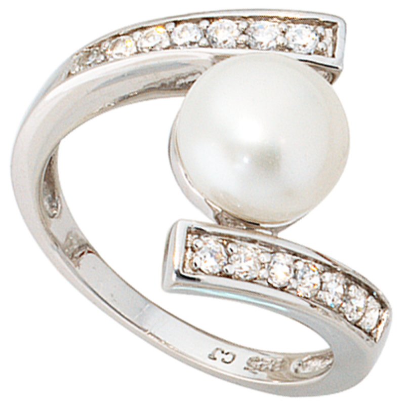 JOBO Damen Ring 925 Sterling Silber 1 S��wasser Perle 14 Zirkonia Perlenring