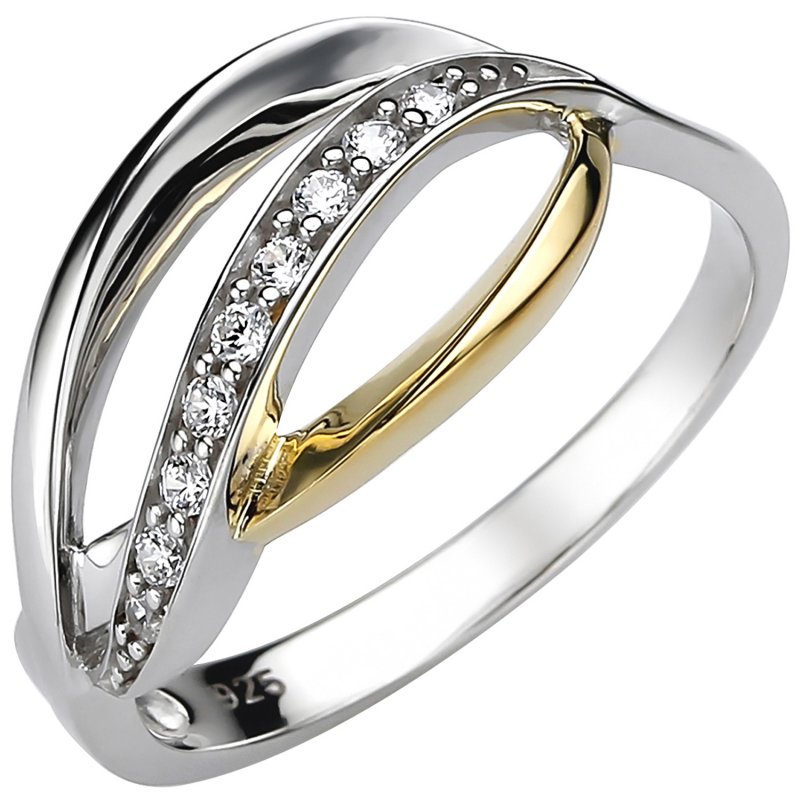 JOBO Damen Ring 925 Sterling Silber bicolor vergoldet 9 Zirkonia Silberring