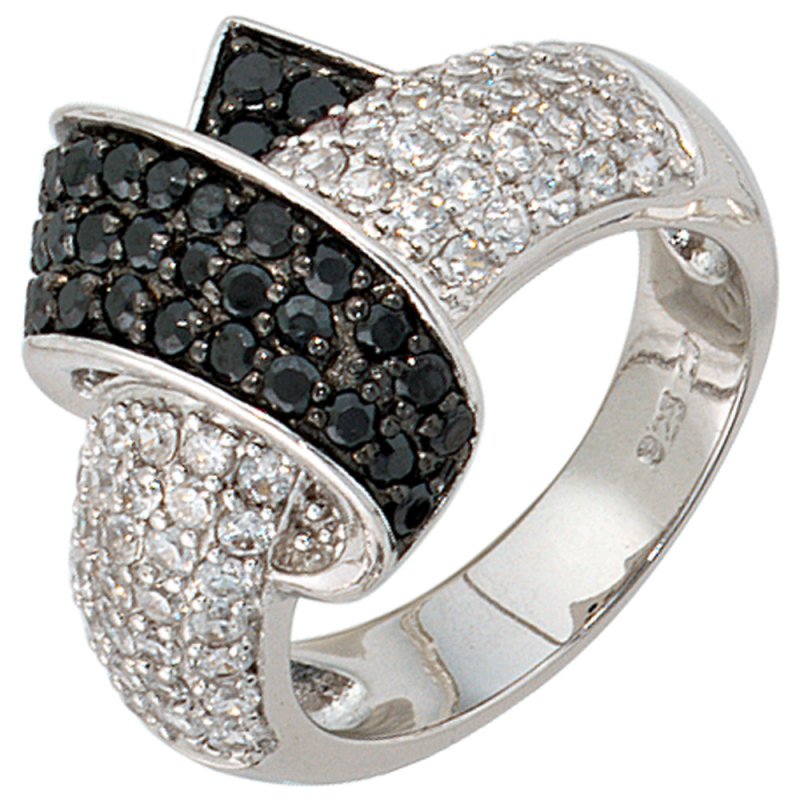JOBO Damen Ring 925 Sterling Silber rhodiniert mit Zirkonia schwarz wei� Silberring
