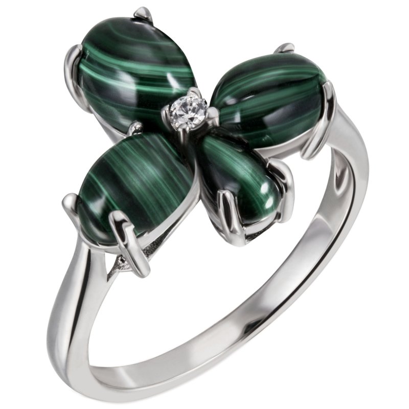 JOBO Damen Ring Blume 925 Sterling Silber 4 Malachit-Cabochons gr�n 1 Zirkonia
