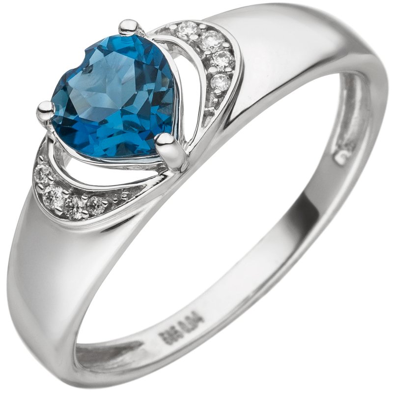 JOBO Damen Ring Herz 585 Gold Wei�gold 1 Blautopas 8 Diamanten Brillanten