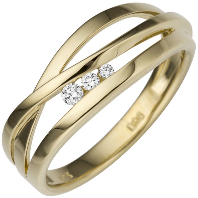 JOBO Damen Ring breit 585 Gold Gelbgold 3 Diamanten Brillanten 0,08ct.  Goldring