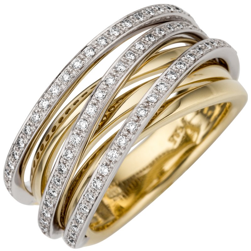 JOBO Damen Ring breit 78 Brillanten Gold 585 Weißgold Diamanten bicolor Gelbgold