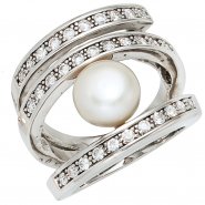 JOBO Damen Ring breit 925 Silber rhodiniert 1 S��wasser Perle 31 Zirkonia Perlenring