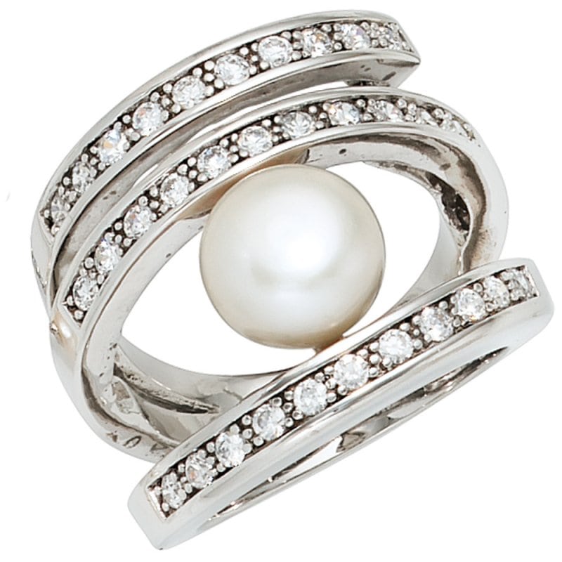 JOBO Damen Ring breit 925 Silber rhodiniert 1 S��wasser Perle 31 Zirkonia Perlenring