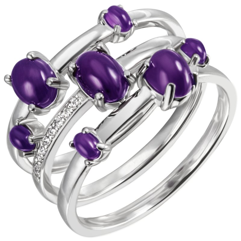 JOBO Damen Ring breit 925 Sterling Silber 7 Amethyst-Cabochons lila 9 Zirkonia
