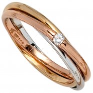 JOBO Damen Ring verschlungen 585 Gold tricolor dreifarbig 1 Diamant Brillant 0,06ct.