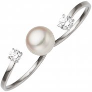 JOBO Damen Zweifinger Ring 333 Gold Wei�gold 1 S��wasser Perle 2 Zirkonia Perlenring