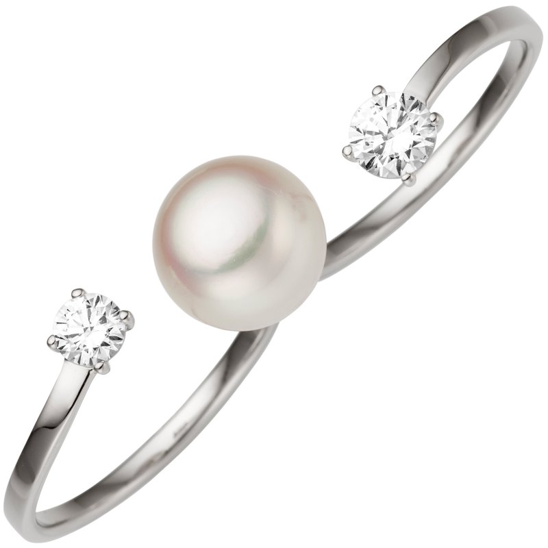 JOBO Damen Zweifinger Ring 333 Gold Wei�gold 1 S��wasser Perle 2 Zirkonia Perlenring