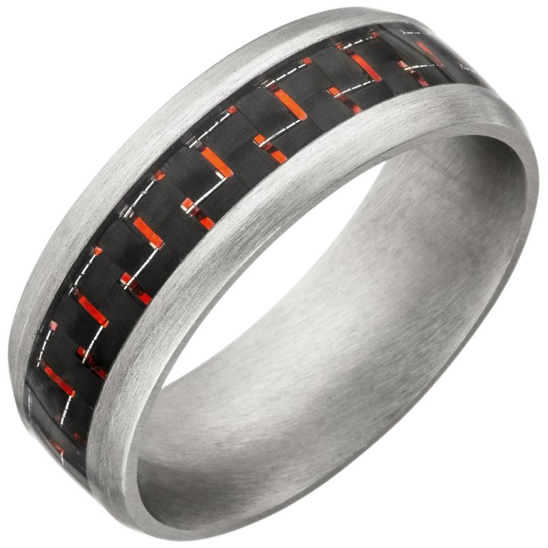JOBO Herren Ring Edelstahl matt Carbon-Einlagen roten Effekten Herrenring