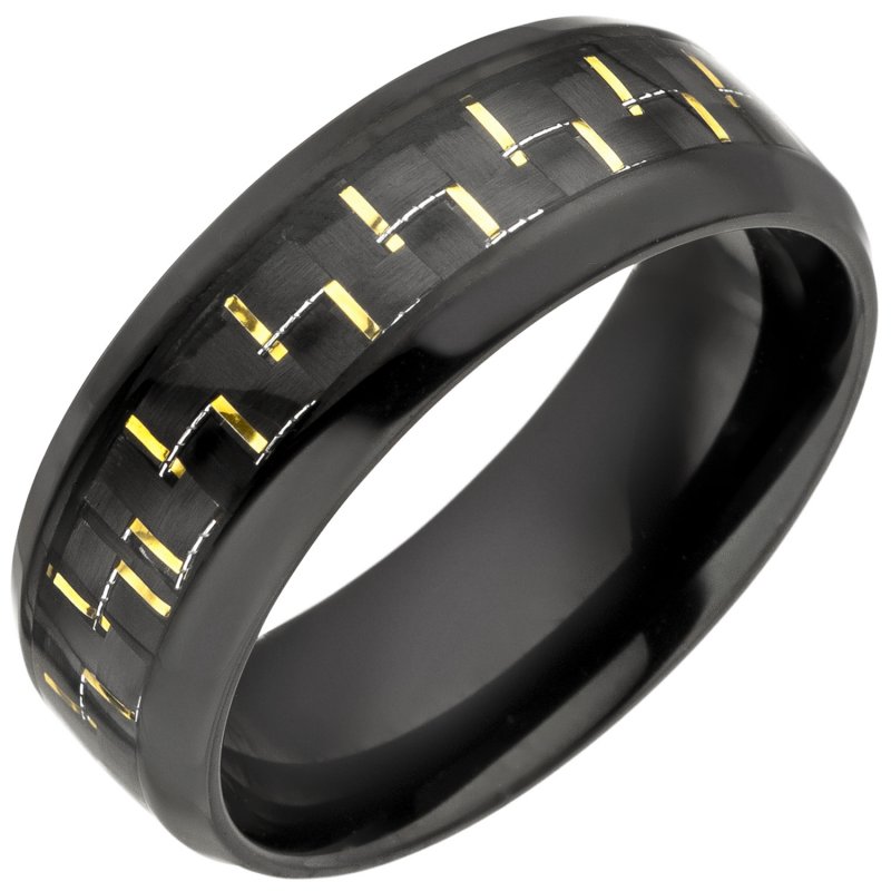 JOBO Herren Ring Edelstahl schwarz beschichtet mit Carbon Einlage goldfarben