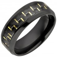 JOBO Herren Ring Edelstahl schwarz beschichtet mit Carbon Einlage goldfarben