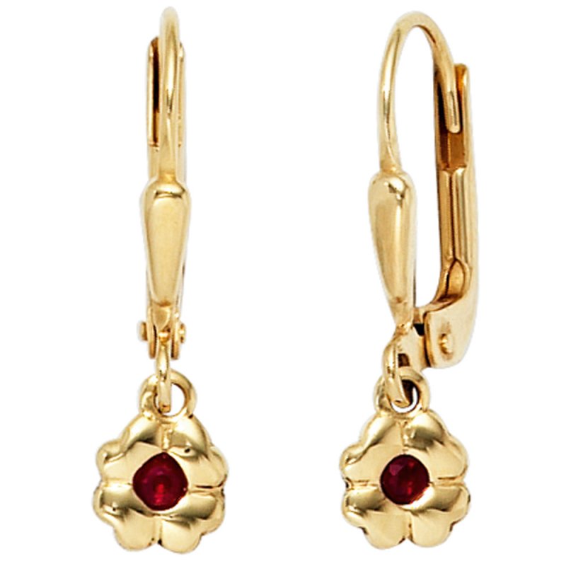 JOBO Kinder Boutons Blume 333 Gold Gelbgold 2 Rubine rot Ohrringe Ohrh�nger