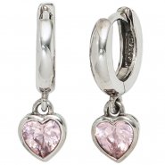 JOBO Kinder Creolen Herz 925 Silber 2 Zirkonia rosa ros� Ohrringe Kinderohrringe