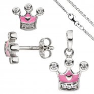 JOBO Kinder M�dchen Schmuck-Set Krone pink rosa 925 Silber Zirkonia mit Kette 42 cm