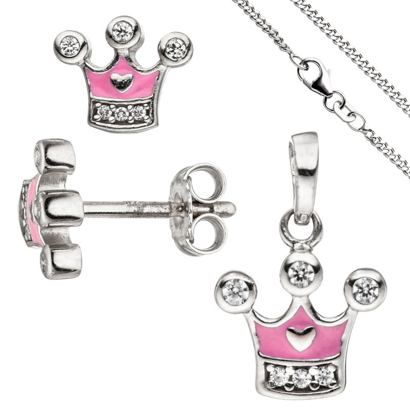 JOBO Kinder M�dchen Schmuck-Set Krone pink rosa 925 Silber Zirkonia mit Kette 38 cm
