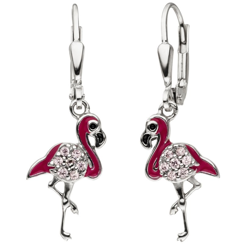 JOBO Kinder Ohrh�nger Flamingo pink 925 Silber 14 Zirkonia Ohrringe Kinderohrringe