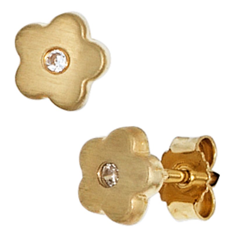 JOBO Kinder Ohrstecker Blume Blumen 333 Gold Gelbgold mattiert 2 Zirkonia Ohrringe
