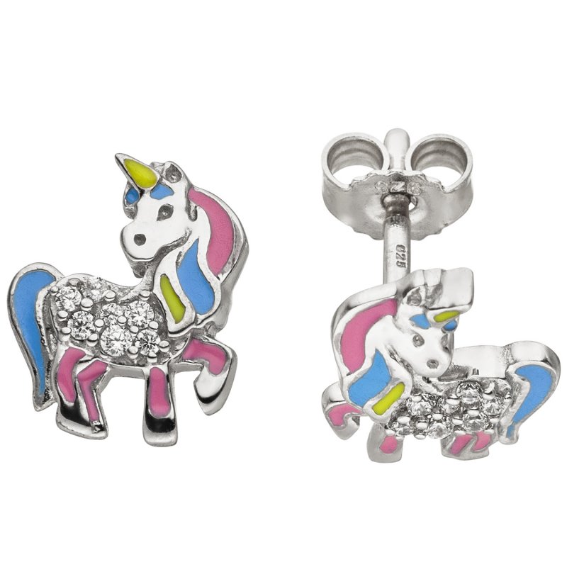 JOBO Kinder Ohrstecker Einhorn 925 Silber 14 Zirkonia Ohrringe Kinderohrringe
